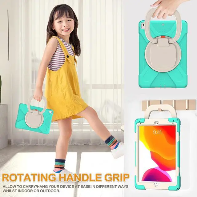 Alt view image 4 of 5 - BRAECN Silicone Case for 9.7 Inch iPad 6th/5th Generation, Full-Body Protective Case with 360° Rotating&180 ° Folding Hand Grip,Pencil Holder, Kickstand, Shoulder Strap for iPad 6th/5th Gen-Mint Green