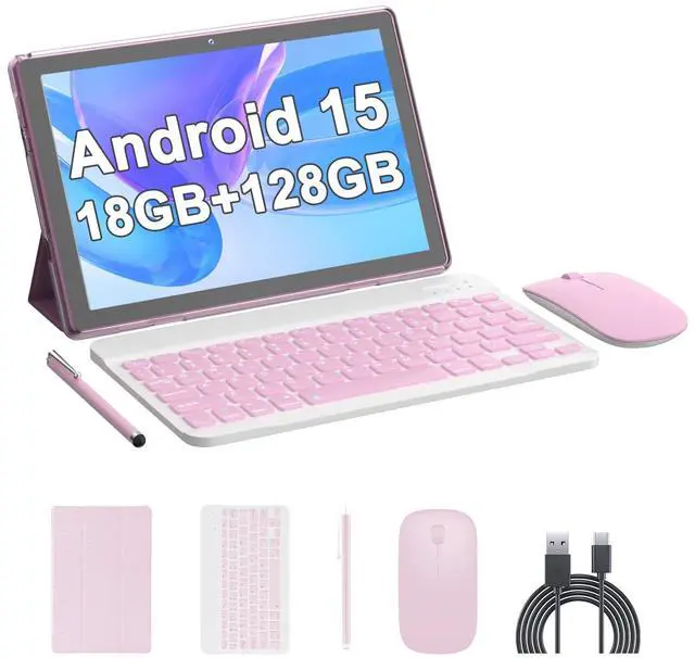 Main image of Android 15 Tablet, 10 inch 18GB RAM 128GB ROM, 2.0Ghz Quad-core Processor Tablet, 1280*800 IPS Touch Screen, 2.4G/5G WiFi, 2 in 1 Tablets with Keyboard, Case, Mouse, Stylus, 6000mAh Battery 8MP Camera