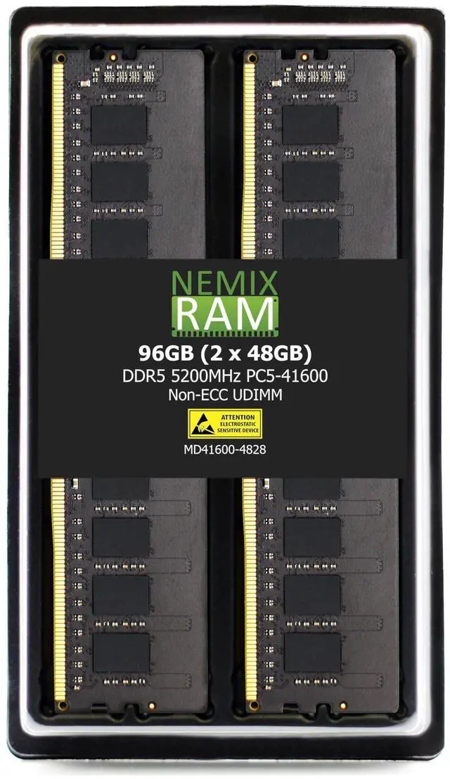 Main image of NEMIX RAM 96GB (2X48GB) DDR5 5200MHZ PC5-41600 2Rx8 1.1V CL44 288-PIN Non-ECC Unbuffered UDIMM Desktop PC Memory KIT