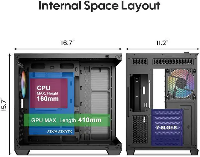 Alt view image 3 of 5 - Vetroo AL900 ATX PC Case with 270° Full View Tempered Glass, Pre-Installed ARGB & PWM FDB Fan, Supports 360mm Radiator & 10 Fans, Type-C Ready, for 50 Series GPUs (Black)