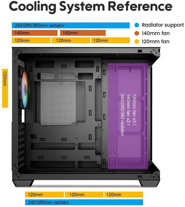 Alt view image 5 of 5 - Vetroo AL900 ATX PC Case with 270° Full View Tempered Glass, Pre-Installed ARGB & PWM FDB Fan, Supports 360mm Radiator & 10 Fans, Type-C Ready, for 50 Series GPUs (Black)
