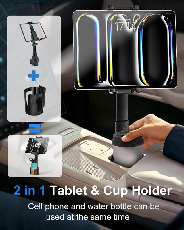 Alt view image 2 of 5 - Kolasels Car Cup Holder Tablet Mount [Fit Round & Square Cup Holders] ipad Cup Holder Mount for Truck, Tesla with Metal Telescopic Arm, Cupholder Tablet Holder for 4-13" iPad Pro Air, Z Fold, iPhone