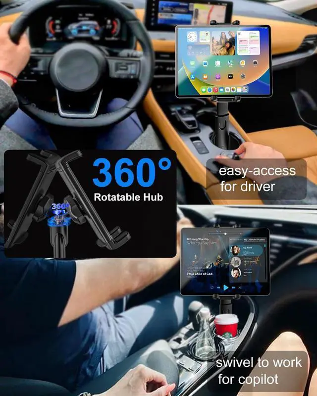 Alt view image 4 of 5 - Kolasels Car Cup Holder Tablet Mount [Fit Round & Square Cup Holders] ipad Cup Holder Mount for Truck, Tesla with Metal Telescopic Arm, Cupholder Tablet Holder for 4-13" iPad Pro Air, Z Fold, iPhone
