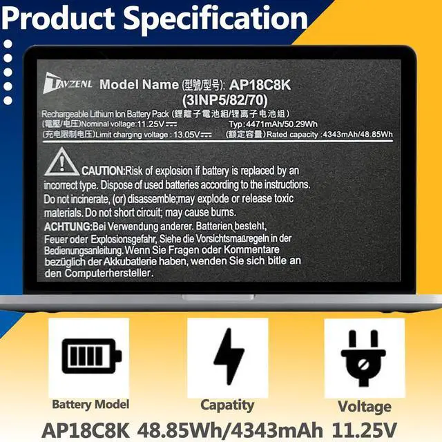 Alt view image 2 of 5 - TAVZENL AP18C8K 50.29Wh Battery Replacement for Acer Chromebook 314 C933 Aspire 5 A514-54 A514-54G A515-56 Series Swift 3 SF314-42 SF314-57 TravelMate P2 TMP215 B1 B118-M Series 11.52V 4471