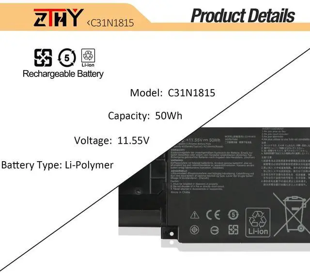 Alt view image 3 of 5 - ZTHY 50Wh C31N1815 Laptop Battery Replacement for Asus ZenBook 13 UX333F UX333FA UX333FAC UX333FN RX333F RX333FA RX333FN BX333F BX333FA BX333FN U3300FN UX333FA-A3075T A3068T UX333FAC-A3106T 11.55V