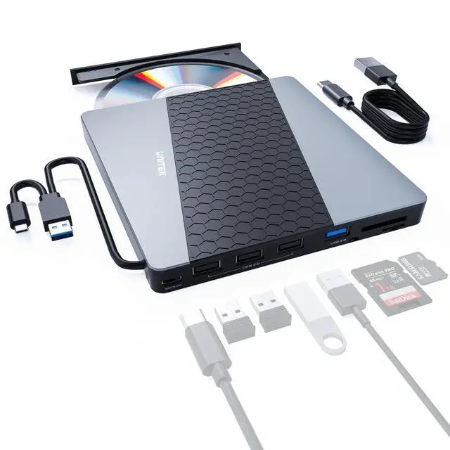 Main image of Unitek External CD DVD Drive USB C 6-in-1 Portable DVD Player with Card Reader 3 USB Ports CD Burner External Disk Drive Optical Compatible with Laptop Desktop Mac Windows 11/10/8/7 Linux OS