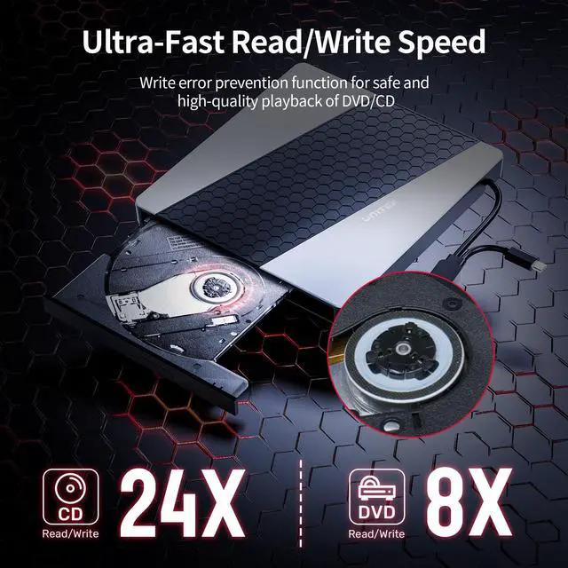 Alt view image 3 of 5 - Unitek External CD DVD Drive USB C 6-in-1 Portable DVD Player with Card Reader 3 USB Ports CD Burner External Disk Drive Optical Compatible with Laptop Desktop Mac Windows 11/10/8/7 Linux OS