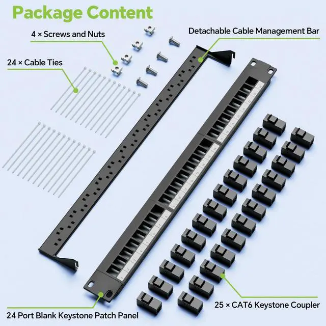 Alt view image 2 of 5 - LEENUE 24 Port Keystone Patch Panel with 25 Pack Gold-Plated CAT6 Keystone Couplers, 10Gbps, 1U Cat6 Patch Panel with Detachable Cable Management Bar for Wall Mounted and Home Networking