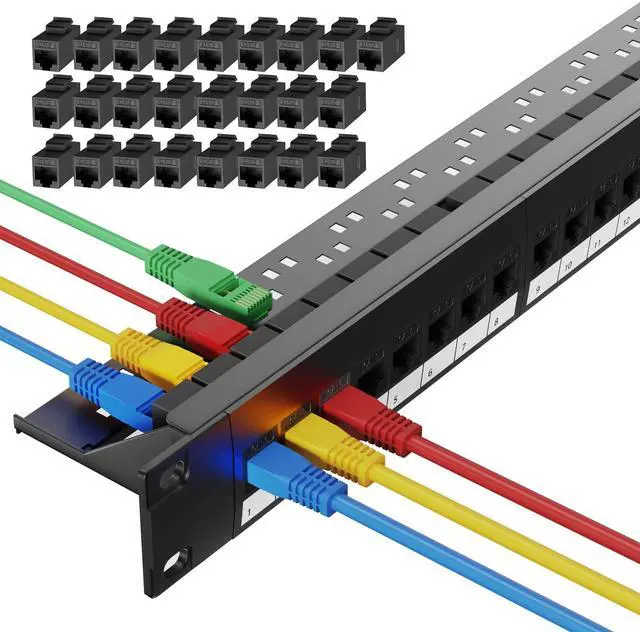 Main image of LEENUE 24 Port Keystone Patch Panel with 25 Pack Gold-Plated CAT6 Keystone Couplers, 10Gbps, 1U Cat6 Patch Panel with Detachable Cable Management Bar for Wall Mounted and Home Networking