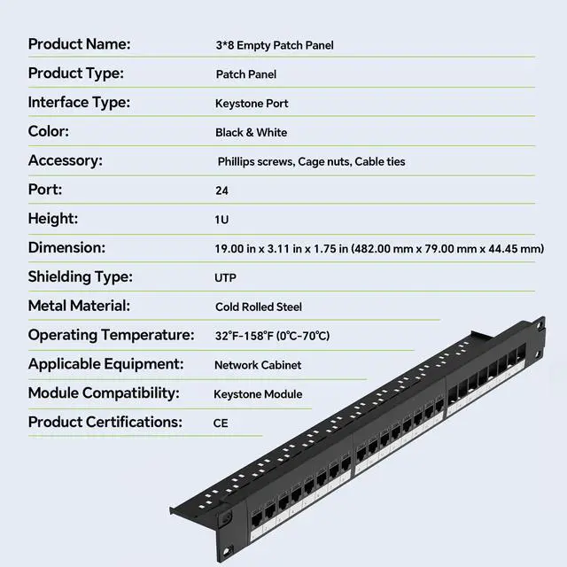Alt view image 5 of 5 - LEENUE 24 Port Keystone Patch Panel with 25 Pack Gold-Plated CAT6 Keystone Couplers, 10Gbps, 1U Cat6 Patch Panel with Detachable Cable Management Bar for Wall Mounted and Home Networking