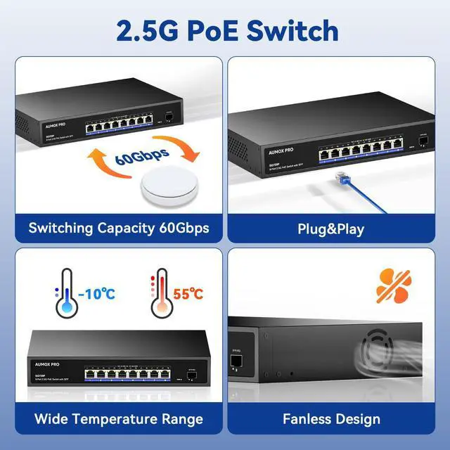 Alt view image 5 of 5 - 9 Port 2.5G PoE Switch,AUMOX PRO 8 Port 2.5G Network Unmanaged Switch with 1x10G SFP Gigabit Ethernet Unmanaged PoE Switch 120W,Compatible with 100/1000/2500Mbps for AP, NAS, PC Plug and Play