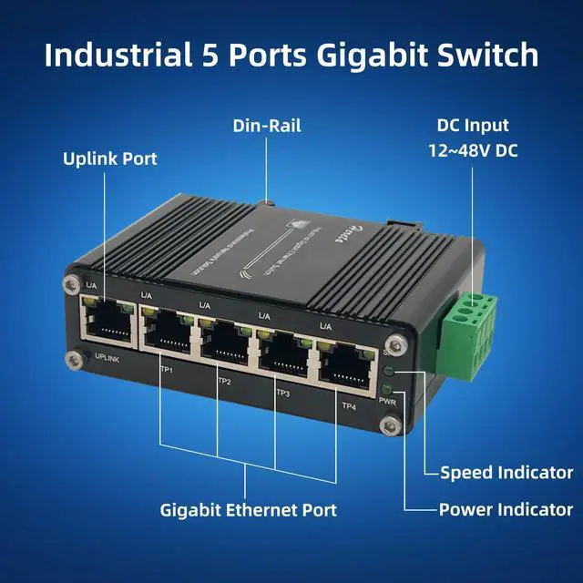 Alt view image 2 of 5 - Mini Industrial Gigabit Ethernet Switch,Unmanaged Ethernet Network Hub Switch with 5 x RJ45 Port 10/100/1000T,12~48VDC,Support 802.3X Flow Control,Half/Full Duplex,Din-Rail/Wall Mount