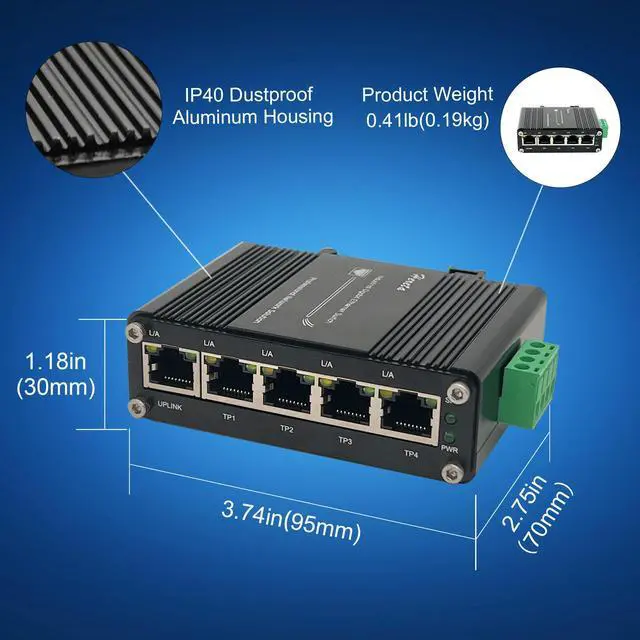 Alt view image 3 of 5 - Mini Industrial Gigabit Ethernet Switch,Unmanaged Ethernet Network Hub Switch with 5 x RJ45 Port 10/100/1000T,12~48VDC,Support 802.3X Flow Control,Half/Full Duplex,Din-Rail/Wall Mount