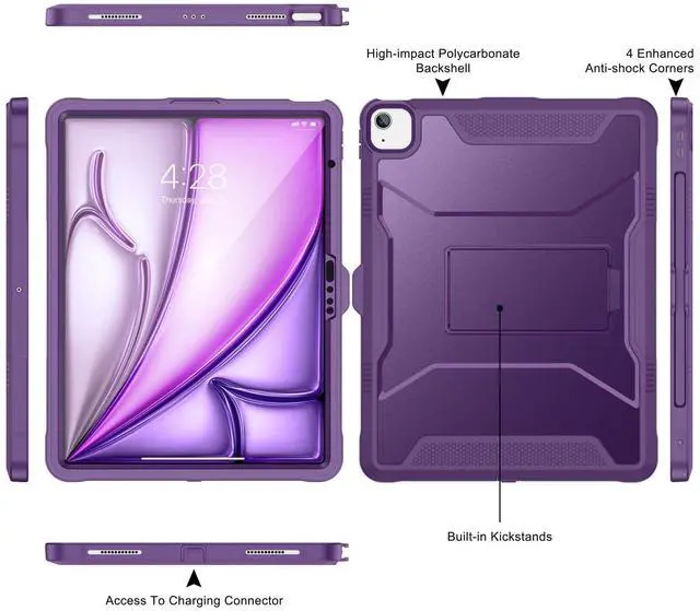 Alt view image 3 of 5 - Soke Case for iPad Air 13-Inch M3 2025 & M2 2024,with Built-in Screen Protector and Kickstand, Rugged Full-Body Heavy Duty Protective Cover for Apple iPad Air 13 - Purple