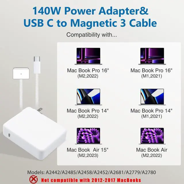 Alt view image 3 of 5 - 140W USB C to Magnetic 3 Cable, Charger for Mac Book Pro 16,15,14,13 inch,2021-2023 M1 M2 Mac Book Air Laptop Power Adapter & [6.6Ft]