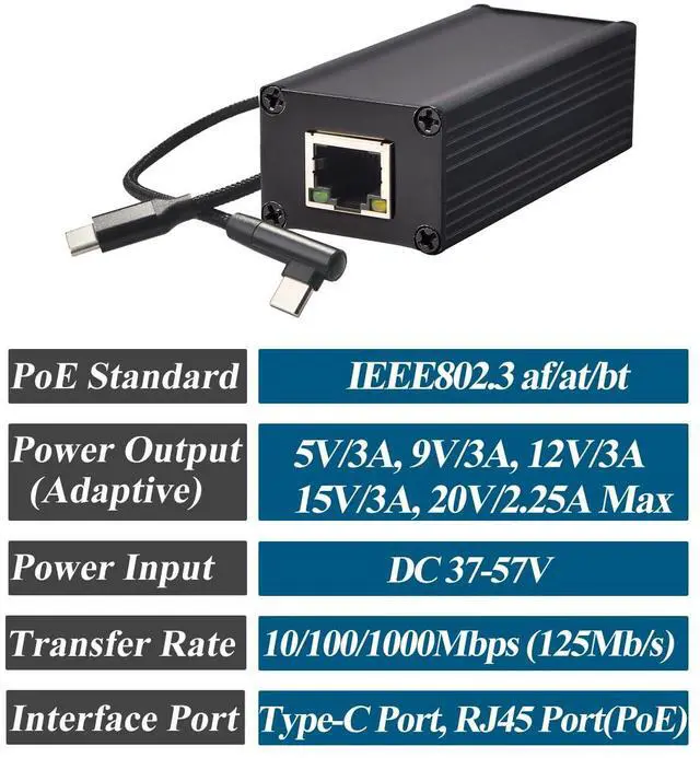 Alt view image 3 of 5 - REVODATA Gigabit PoE to USB-C Converter Adapter, Type-C Output Power & Ethernet 2 in 1, Max 45W 5V to 20V Charging for Smart Phone/Tablet/Laptop, 1000 Mbps Rate, IEEE802.3af/at/bt (GPD2CBT-20V)