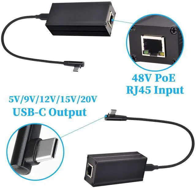 Alt view image 2 of 5 - REVODATA Gigabit PoE to USB-C Converter Adapter, Type-C Output Power & Ethernet 2 in 1, Max 45W 5V to 20V Charging for Smart Phone/Tablet/Laptop, 1000 Mbps Rate, IEEE802.3af/at/bt (GPD2CBT-20V)