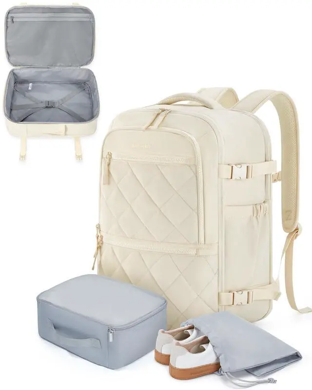 Main image of BAGSMART Travel Backpack for Women Men, 30L Carry on Backpack for Airplanes, 17 Inches Backpack for Women, with Shoe Bag & Storage Bag, Backpack Suitcase for Travel, Beige