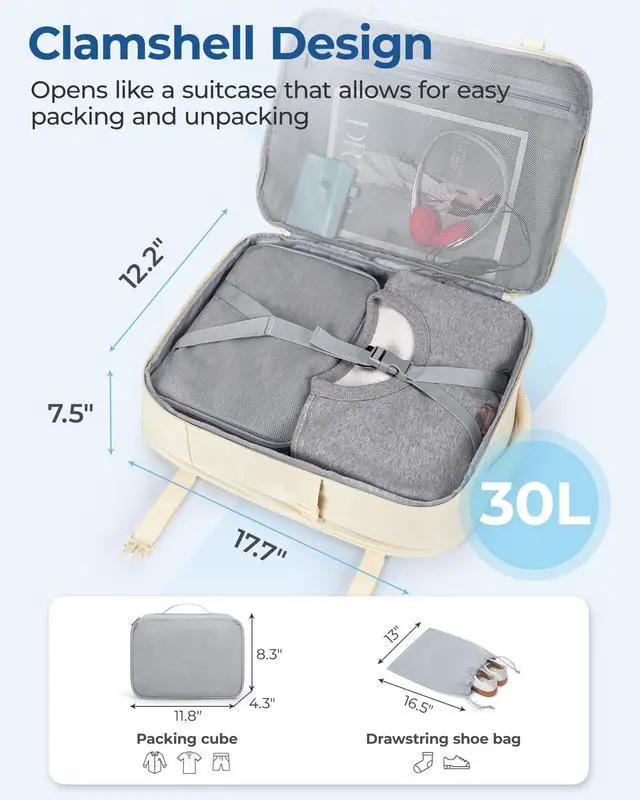 Alt view image 4 of 5 - BAGSMART Travel Backpack for Women Men, 30L Carry on Backpack for Airplanes, 17 Inches Backpack for Women, with Shoe Bag & Storage Bag, Backpack Suitcase for Travel, Beige