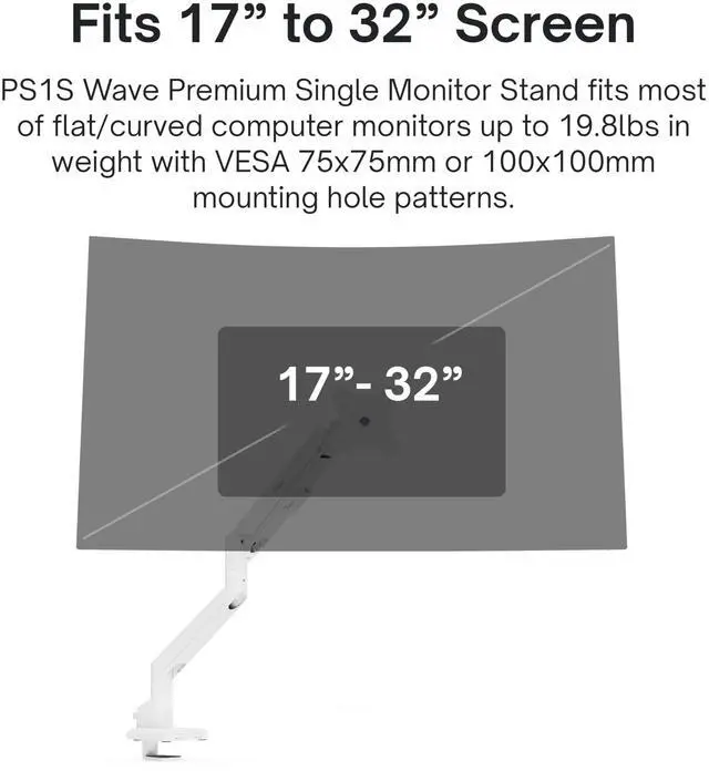 Alt view image 2 of 5 - Pixio PS1S Wave White Single Monitor Arm Stand Desk Mount - Fits up to 32 inches Monitors and up to 19.8lbs. VESA Compatibility and Integrated Cable Management