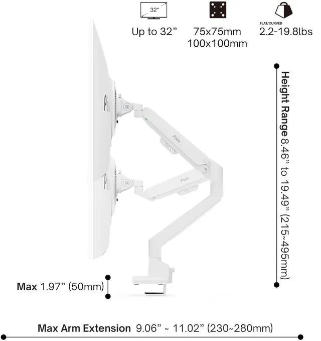 Alt view image 4 of 5 - Pixio PS1S Wave White Single Monitor Arm Stand Desk Mount - Fits up to 32 inches Monitors and up to 19.8lbs. VESA Compatibility and Integrated Cable Management