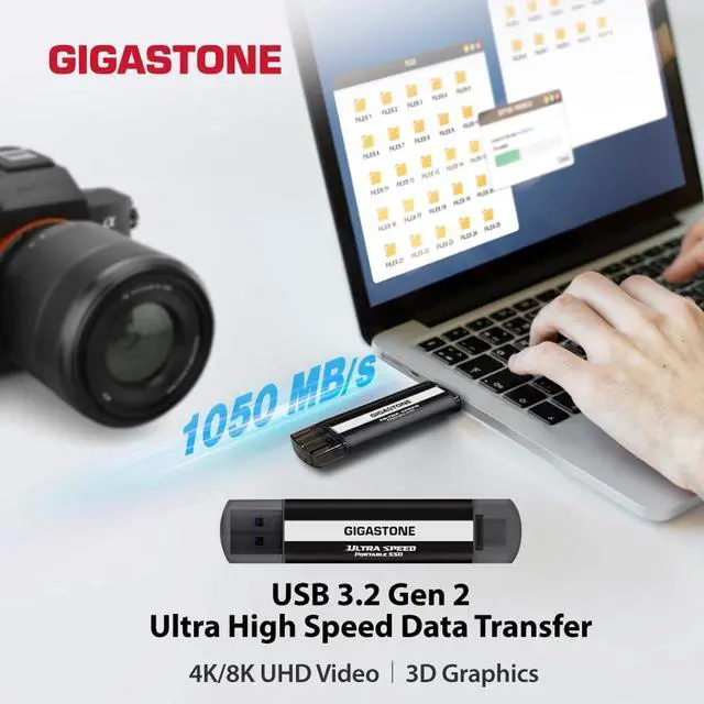 Alt view image 2 of 5 - Gigastone USB-C SSD 1TB Gaming External SSD PS5 iPhone15 USB3.2 Gen2 1,050MB/s USB-A + USB-C Portable Solid State Drive MacBook iPad Xbox Laptop Smartphone SSD Backup Hard Drive