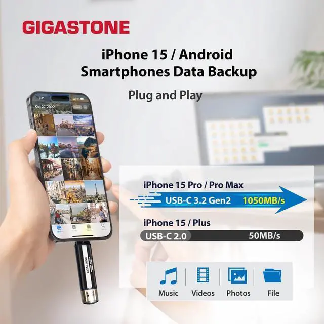 Alt view image 3 of 5 - Gigastone USB-C SSD 1TB Gaming External SSD PS5 iPhone15 USB3.2 Gen2 1,050MB/s USB-A + USB-C Portable Solid State Drive MacBook iPad Xbox Laptop Smartphone SSD Backup Hard Drive