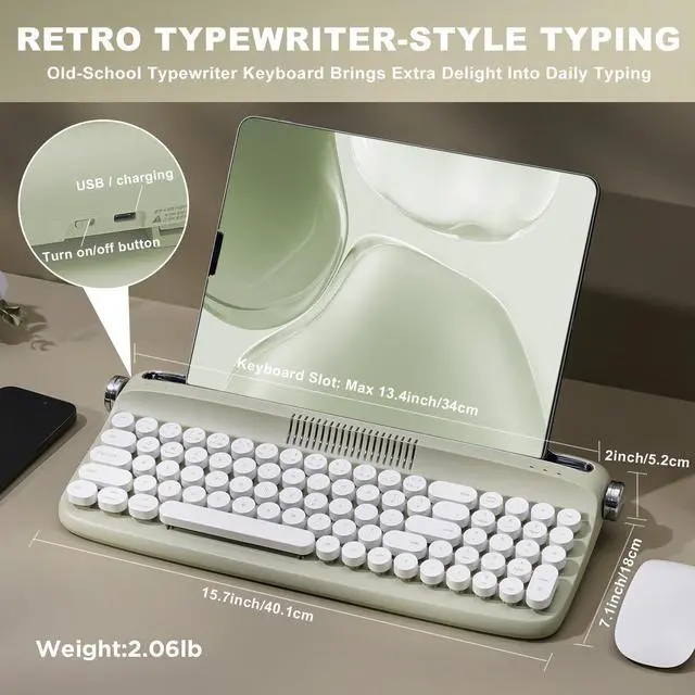 Alt view image 2 of 5 - YUNZII Upgraded Wireless Keyboard, Retro Typewriter Style with Integrated Stand, USB-C/Bluetooth with Cute Round Keycaps for Multi Device for Win/Mac (B309, Sweet Mint)