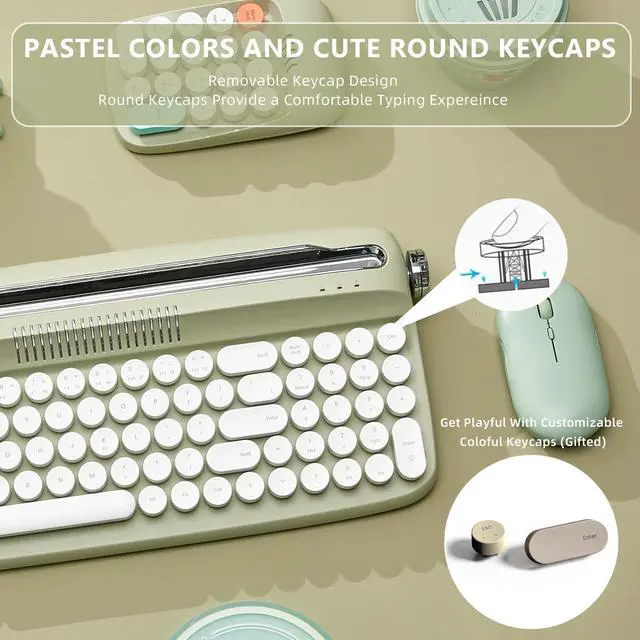 Alt view image 5 of 5 - YUNZII Upgraded Wireless Keyboard, Retro Typewriter Style with Integrated Stand, USB-C/Bluetooth with Cute Round Keycaps for Multi Device for Win/Mac (B309, Sweet Mint)