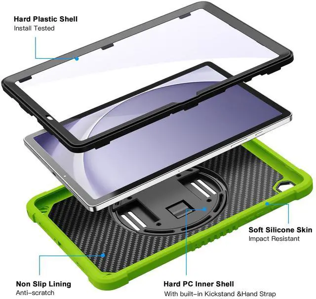 Alt view image 2 of 5 - ZtotopCases for Samsung Galaxy Tab A9+ / A9 Plus 11'' 2023 (SM-X210/X216/X218), Shockproof Hard Duty Case with Screen Protector+360 Rotating Hand Strap&Stand+Shoulder Strap for Tab A9+ Tablet, Green