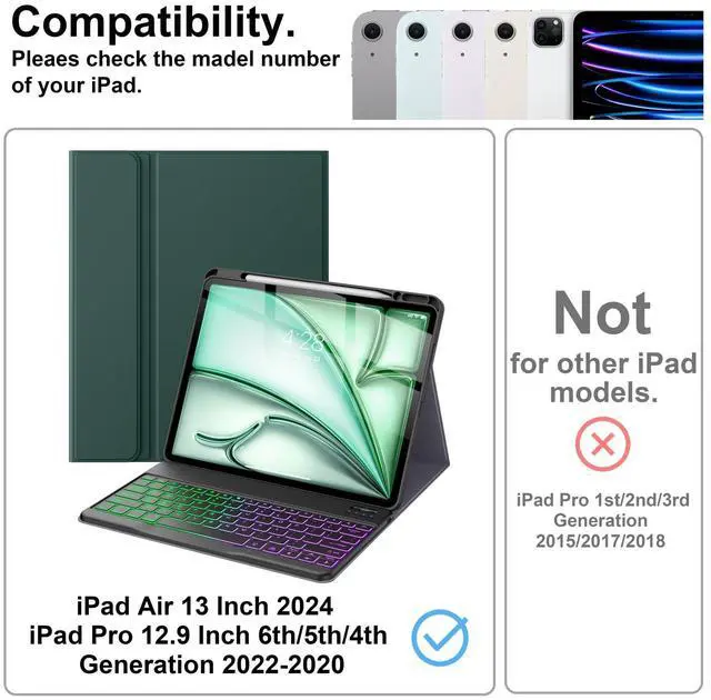 Alt view image 3 of 5 - Supveco Keyboard Case for iPad Air 13 Inch (M3 2025,M2 2024) & iPad Pro 12.9 Inch 6th/5th Gen with Pencil Holder-7 Colors Backlit Wireless Detachable Folio Keyboard Cover-Teal