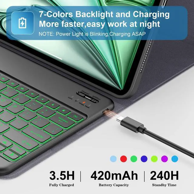 Alt view image 4 of 5 - Supveco Keyboard Case for iPad Air 13 Inch (M3 2025,M2 2024) & iPad Pro 12.9 Inch 6th/5th Gen with Pencil Holder-7 Colors Backlit Wireless Detachable Folio Keyboard Cover-Teal