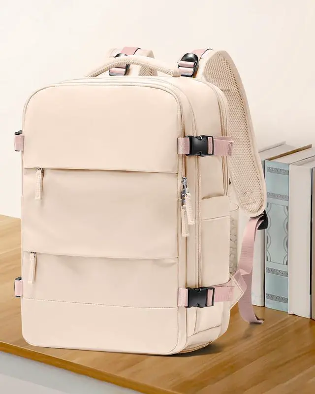 Alt view image 2 of 5 - coowoz Large Casual Travel Backpack For Women Men,Carry On Rucksack Flight Approved,Hiking Waterproof Outdoor Sports Daypack Fit 15.6 Inch Laptop Shoes Compartment (Beige)