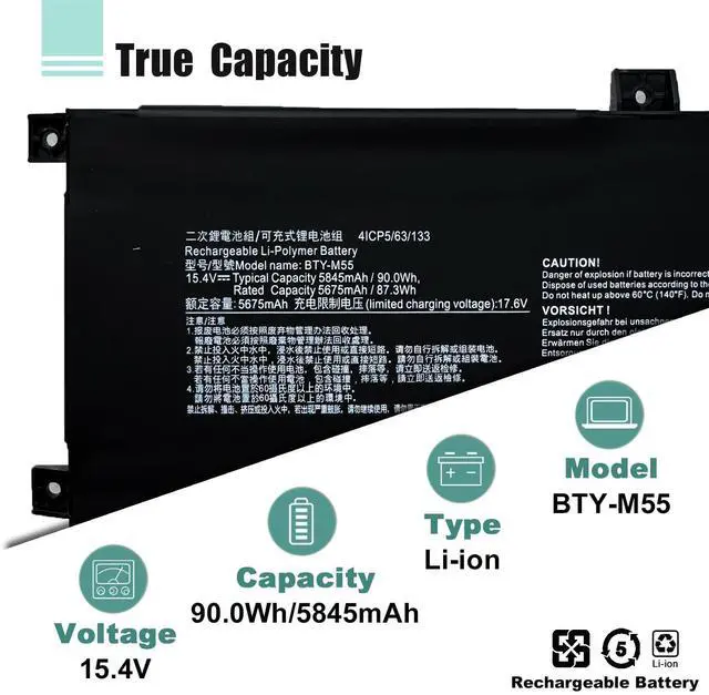 Alt view image 3 of 5 - BOWEIRUI 90Wh BTY-M55 Laptop Battery Replacement for MSI Alpha 15 A3DDK A4DEK B5EEK B5EX MSI Alpha 17 B5EEK MSI Pulse GL66 12UGK MSI Sword 15 A11UG 925QA055H Serie Notebook BTY-M55 925QA055H 5845mAh