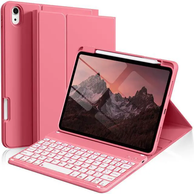 Main image of kenke for iPad 11/10th Gen Case with Keyboard 11/10.9 inch 2025 A16/2022, Detachable Wireless Bluetooth Keyboard Case with Right Side Pencil Holder, Backlit White Square Keycaps (Pink