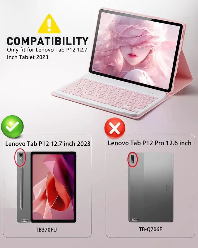 Alt view image 2 of 5 - TUNKARMOR Keyboard Case for Lenovo Tab P12 12.7 Inch 2023/2024 - Mouse and Detachable Keyboard PU Leather Cover Case Auto Sleep/Wake - Pink