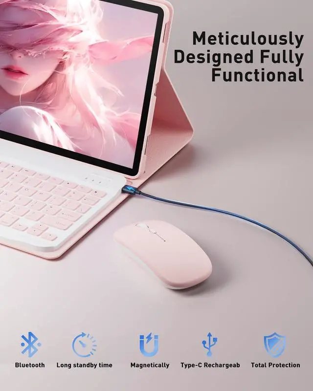 Alt view image 3 of 5 - TUNKARMOR Keyboard Case for Lenovo Tab P12 12.7 Inch 2023/2024 - Mouse and Detachable Keyboard PU Leather Cover Case Auto Sleep/Wake - Pink