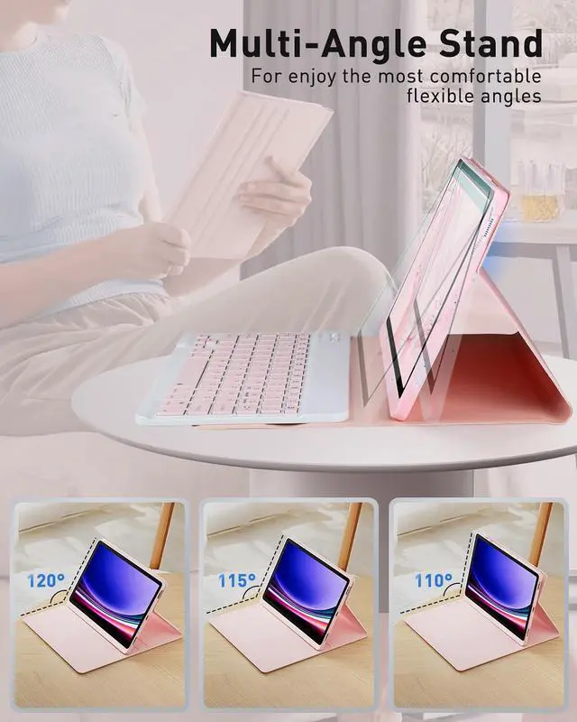 Alt view image 4 of 5 - TUNKARMOR Keyboard Case for Lenovo Tab P12 12.7 Inch 2023/2024 - Mouse and Detachable Keyboard PU Leather Cover Case Auto Sleep/Wake - Pink