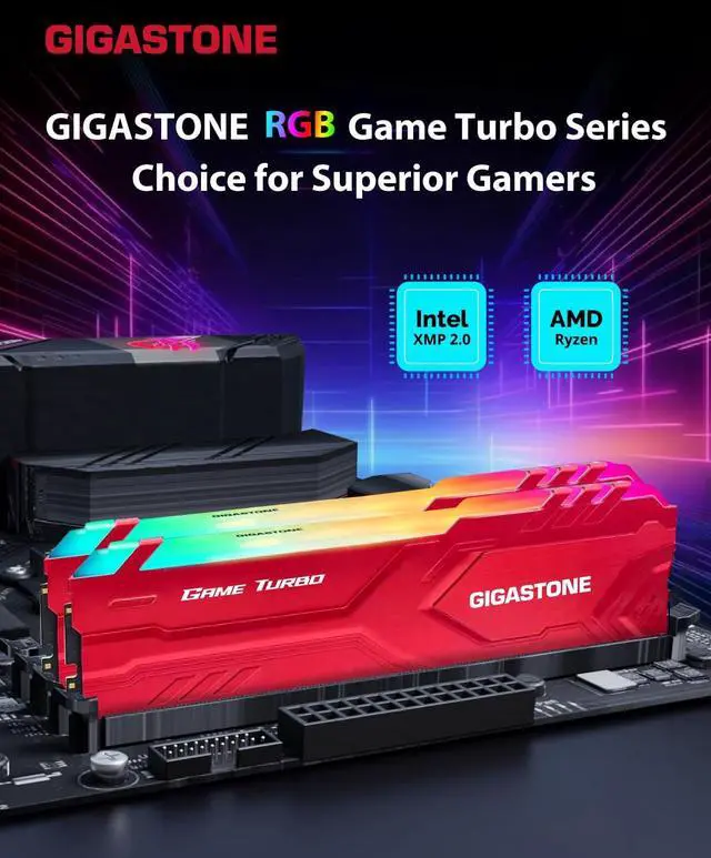 Alt view image 2 of 5 - RGB DDR4 RAM GIGASTONE Game Turbo 16GB Kit (2x8GB) DDR4 3200MHz PC4-25600 CL 16-18-18-40 Intel XMP 2.0 AMD Ryzen 1.35V UDIMM 288 Pin Unbuffered Non ECC High Performance Gaming Desktop Memory - Red