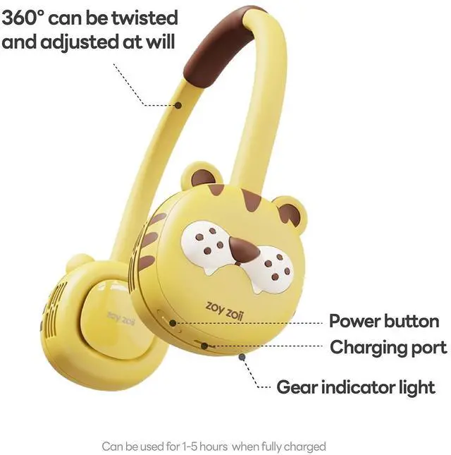Alt view image 4 of 5 - Zoy zoii Neck Fan for Kids, Hands Free Bladeless Fan, Portable Wearable Personal Fan, Rechargeable 3 Speeds Gift for Boy Girl Travel Outdoor, Tiger