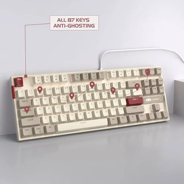 Alt view image 3 of 5 - MageGee 75% Mechanical Gaming Keyboard, Red Switch, LED White Backlit, 87 Keys Compact TKL Wired Computer Keyboards for Windows Laptop PC Gamer - Retro White/Grey