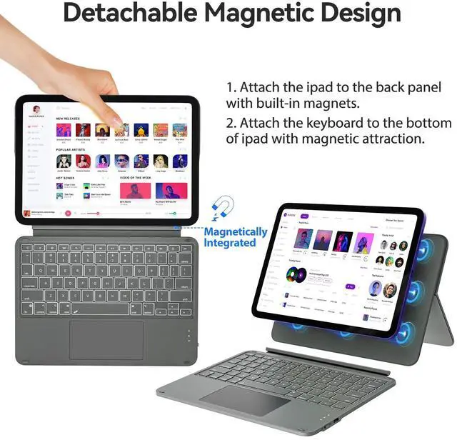 Alt view image 3 of 5 - Touch iPad 10th Generation Case with Keyboard (10.9", 2022) & iPad 11th (A16, 2025): Magnetic Split Stand Case, Multi-Touch Trackpad, Rechargeable Wireless Keyboard Folio with Backlit Keys, Gray