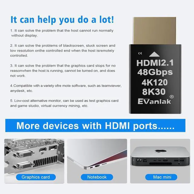 Alt view image 3 of 5 - 4K 120Hz HDMI 2.1 Dummy Plug  High-Resolution Virtual Display Emulator for PC, VR Headsets & Cryptocurrency Mining | Supports 8K @30Hz, Headless Ghost Display Adapter-3P