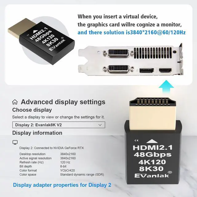 Alt view image 2 of 5 - 4K 120Hz HDMI 2.1 Dummy Plug  High-Resolution Virtual Display Emulator for PC, VR Headsets & Cryptocurrency Mining | Supports 8K @30Hz, Headless Ghost Display Adapter-3P