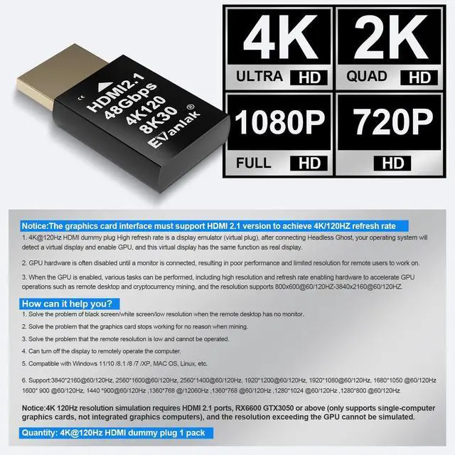 Alt view image 5 of 5 - 4K 120Hz HDMI 2.1 Dummy Plug  High-Resolution Virtual Display Emulator for PC, VR Headsets & Cryptocurrency Mining | Supports 8K @30Hz, Headless Ghost Display Adapter-3P