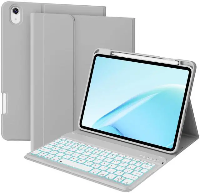 Main image of kenke Case with Keyboard for iPad Air 11 inch 7th (M3/M2) 2025/2024 & Air 5th/4th Generation 10.9 Inch with Right Pencil Holder, 7-Color Backlit Wireless Detachable Folio Keyboard Cover, Gray