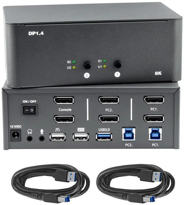 Main image of KVM Switch 2 Monitors 2 Computers, 8k Displayport Switch with USB 3.0 Cable, Jack, 2 Computers Share a Set of Keyboard, Mouse, Support Windows/Mac/Linux (Dual Monitor)