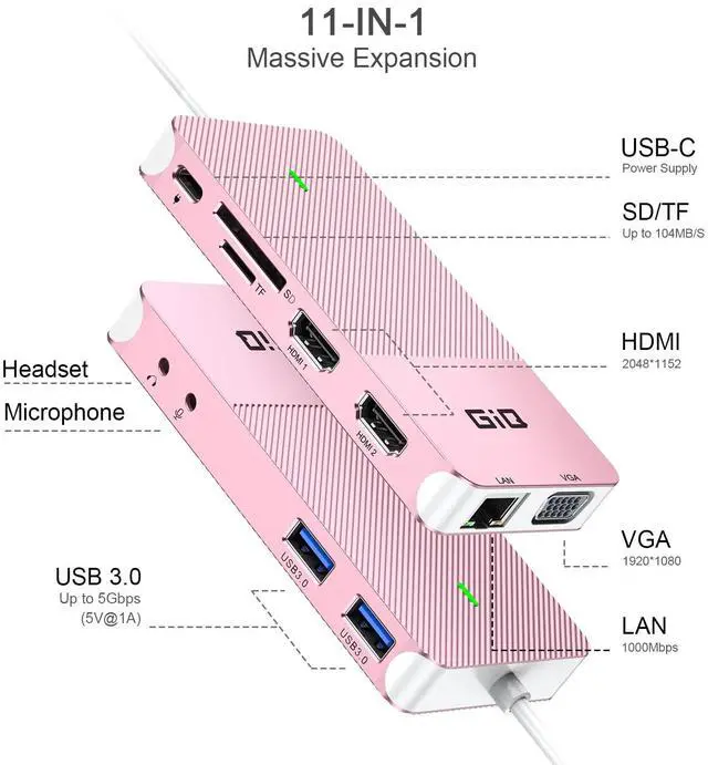 Alt view image 2 of 5 - USB Docking Station GIQ USB C HUB USB 3.0 to Dual HDMI VGA Adapter Triple Display USB C Laptop Docking Station Dual Monitor HDMI Splitter Extender Compatible with MacBook M1 M2 USB Dock-Rose Gold