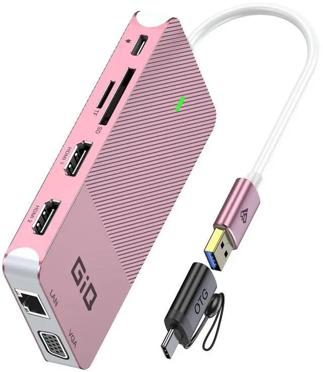 Main image of USB Docking Station GIQ USB C HUB USB 3.0 to Dual HDMI VGA Adapter Triple Display USB C Laptop Docking Station Dual Monitor HDMI Splitter Extender Compatible with MacBook M1 M2 USB Dock-Rose Gold