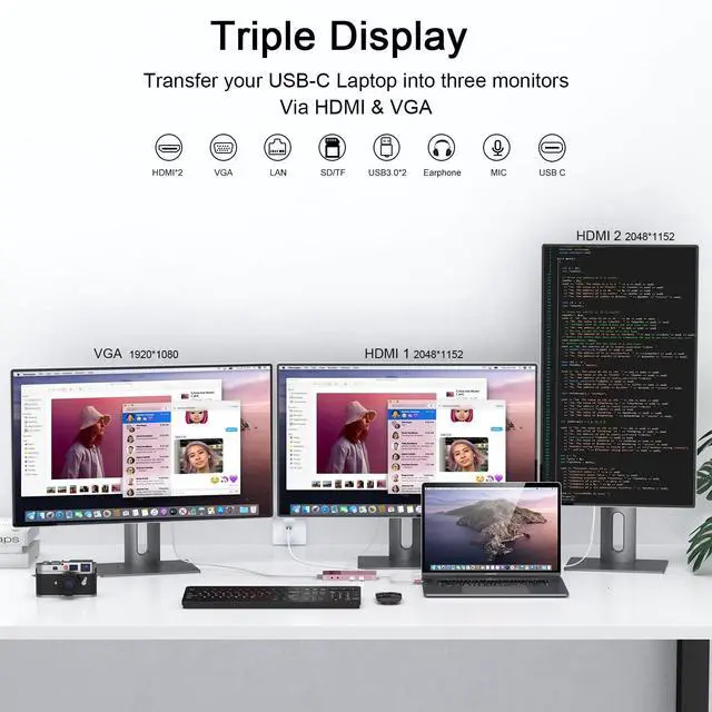Alt view image 4 of 5 - USB Docking Station GIQ USB C HUB USB 3.0 to Dual HDMI VGA Adapter Triple Display USB C Laptop Docking Station Dual Monitor HDMI Splitter Extender Compatible with MacBook M1 M2 USB Dock-Rose Gold